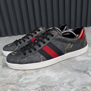 GUCCI Ace Web GG Supreme Monogram Tiger Canvas Gray Leather 9 G or 9.5 US 43 EUR